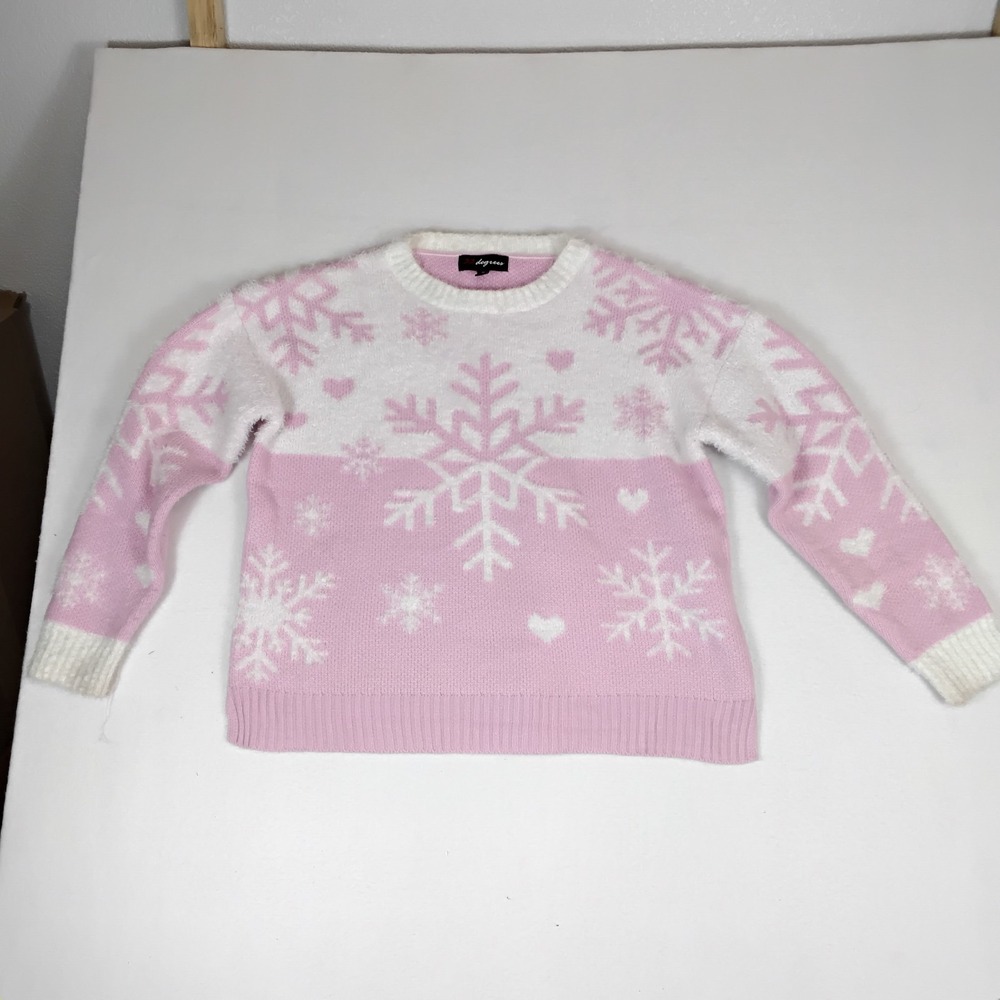 33 Degrees Womens Pink White Snowflake Sweater Fuzzy Trim Christmas Size M